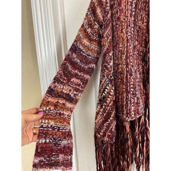 Free People Birkenstock Red Cardigan S Boho Chunky Fringe Wool Alpaca Sweater N3 - Picture 9 of 12